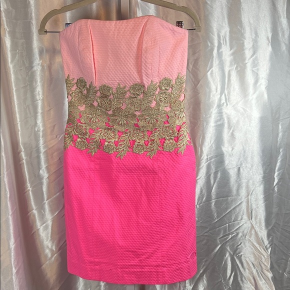 Lilly Pulitzer Strapless Dress in Pink with Gold Accents - Picture 1 of 5
